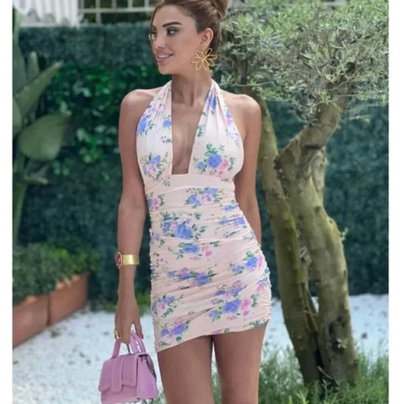 Zara Ruched Floral Halter Mini Dress  Pink Purple NWOT Size Medium - Picture 1 of 11